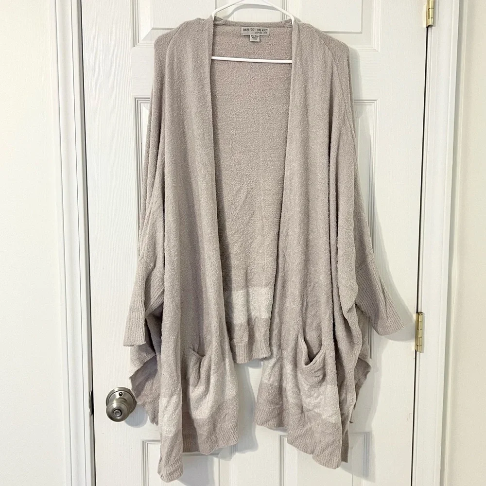 Barefoot Dreams Cozy Chic Lite Cardigan One Size Open Pockets Beige Cream Long - Picture 1 of 8